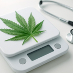 Close-up of a cannabis leaf on a digital scale with a stethoscope in the background