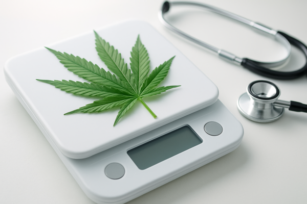 Close-up of a cannabis leaf on a digital scale with a stethoscope in the background