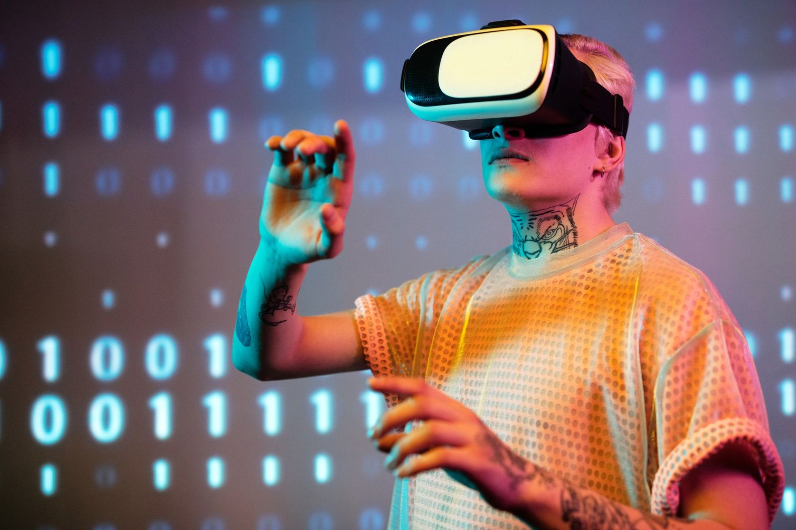 A young man interacts in virtual reality wearing a headset with a digital binary background. — Advanced SQL Techniques for Da