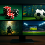 A computer monitor displaying a grid of various gaming themes, including poker chips, a soccer ball, an outdoor landscap