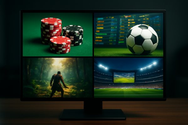 A computer monitor displaying a grid of various gaming themes, including poker chips, a soccer ball, an outdoor landscap